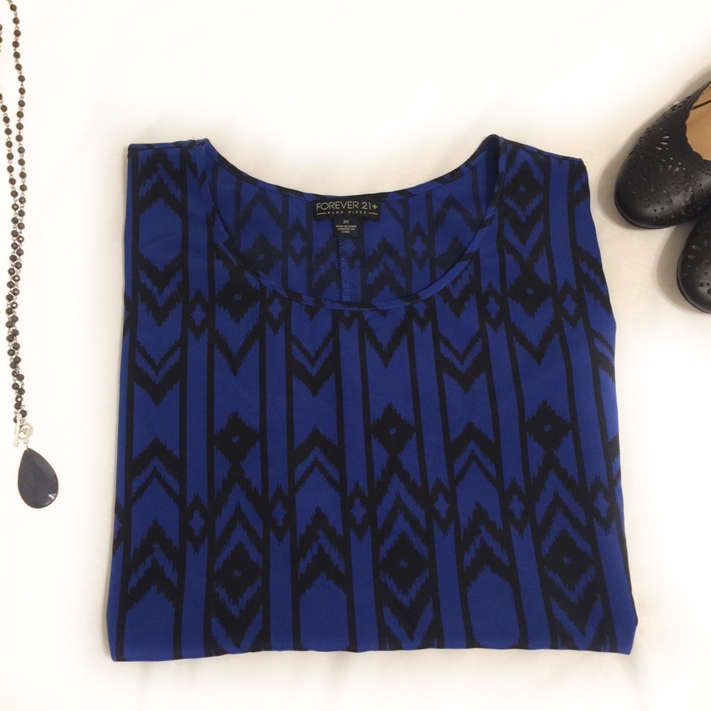 Plus size blue - black silky top. 2X